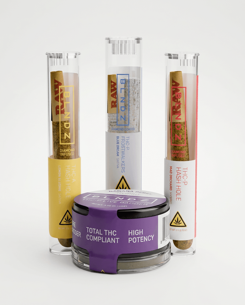 BLNDZ Hemp Lineup — THC-A Hash Hole, THC-P Frostwalkers, THC-P Hash Hole, and THC-P Live Badder